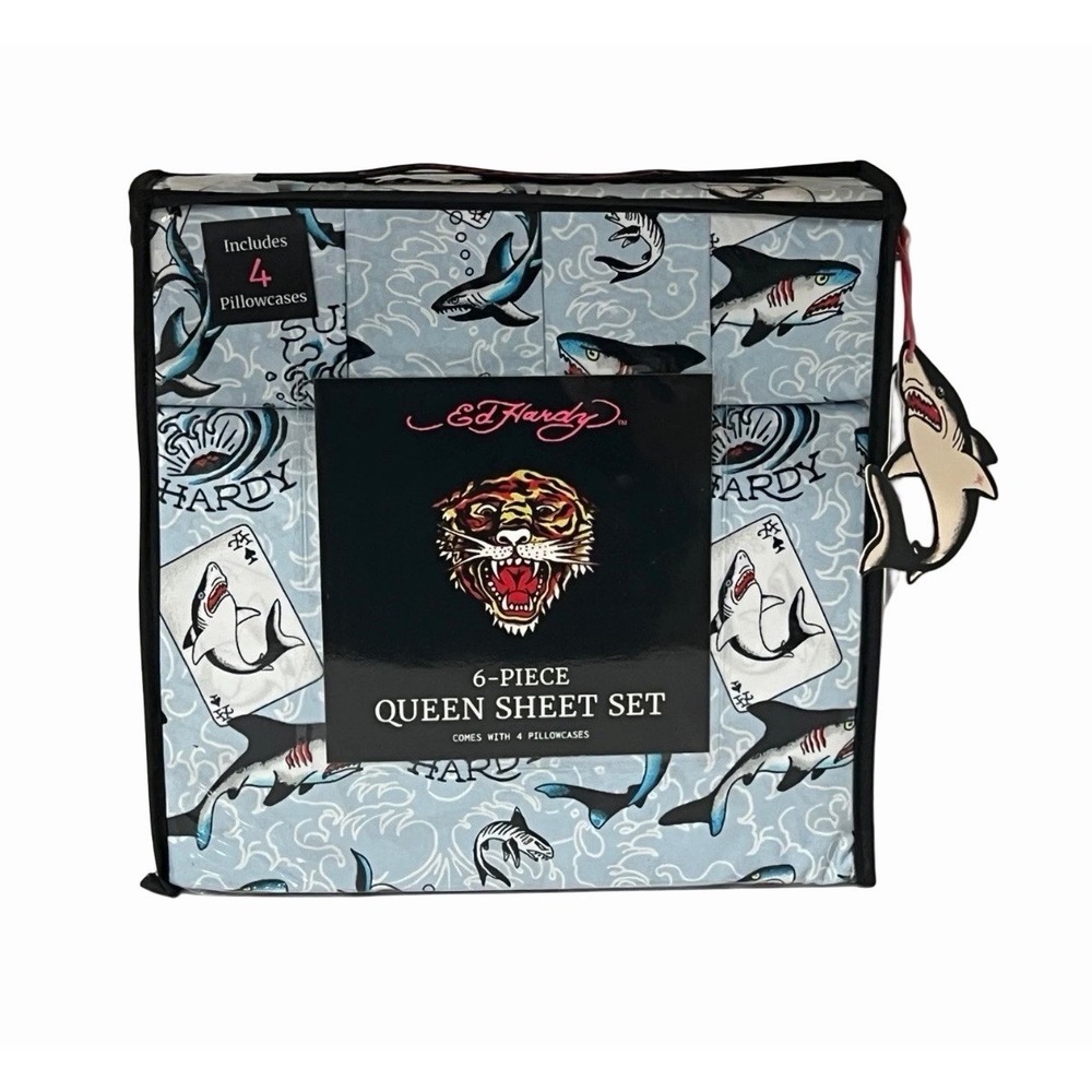Ed Hardy Queen Blue Sheet Set 6pc Surf Shark Cards Tattoo Grunge Y2K Surfer NWT